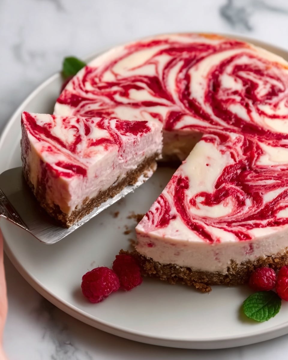 No Bake Raspberry Cheesecake Recipe 5 The image shows a raspberry cheesecake with two visible layers on a white plate set on a white marbled surface. The bottom layer is a brown, crumbly crust, while the top layer is a pale pink, creamy cheesecake swirled with bright red raspberry sauce creating a marbled pattern. A woman’s hand is lifting a slice with a silver cake server, revealing the smooth texture of the cheesecake and the swirl design continuing onto the slice. Fresh raspberries and green leaves are placed decoratively near the plate. Photo taken with an iphone --ar 4:5 --v 7