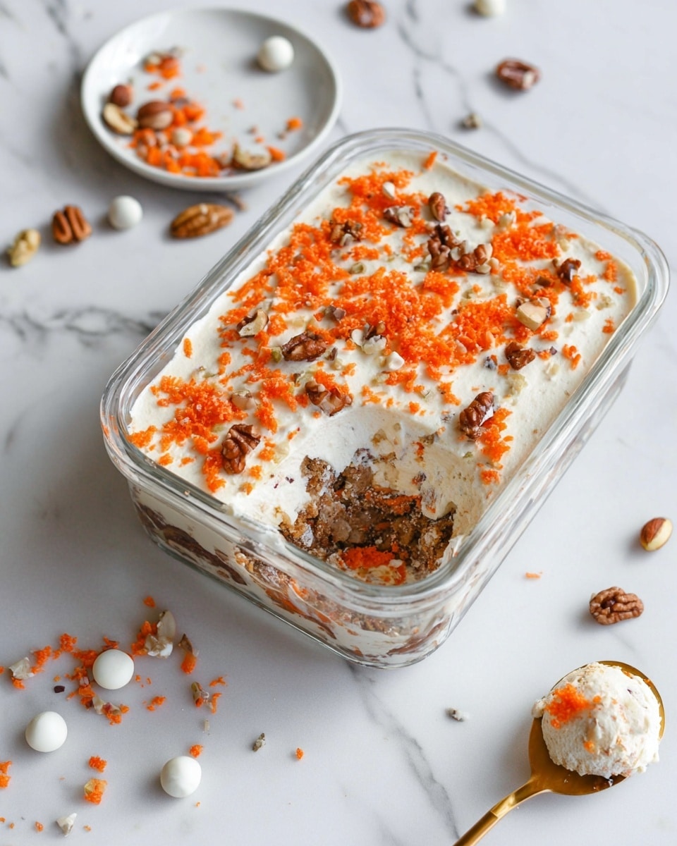 Carrot Cake Overnight Oats with White Chocolate Cream Cheese Ganache Recipe 5 A clear rectangular glass container holds a dessert with two main layers visible: the bottom layer is chunky and brown, filled with mixed nuts and bits of shredded bright orange carrot; the top layer is smooth and creamy white, sprinkled with vibrant orange carrot shreds and small brown nut pieces scattered evenly across the surface. A small large scoop is taken out from the middle, showing the layered texture inside. Around the container, scattered nuts and small white round candies lie on a white marbled surface. A white plate with more nuts and a gold spoon holding a small portion of the dessert are partially visible. photo taken with an iphone --ar 4:5 --v 7