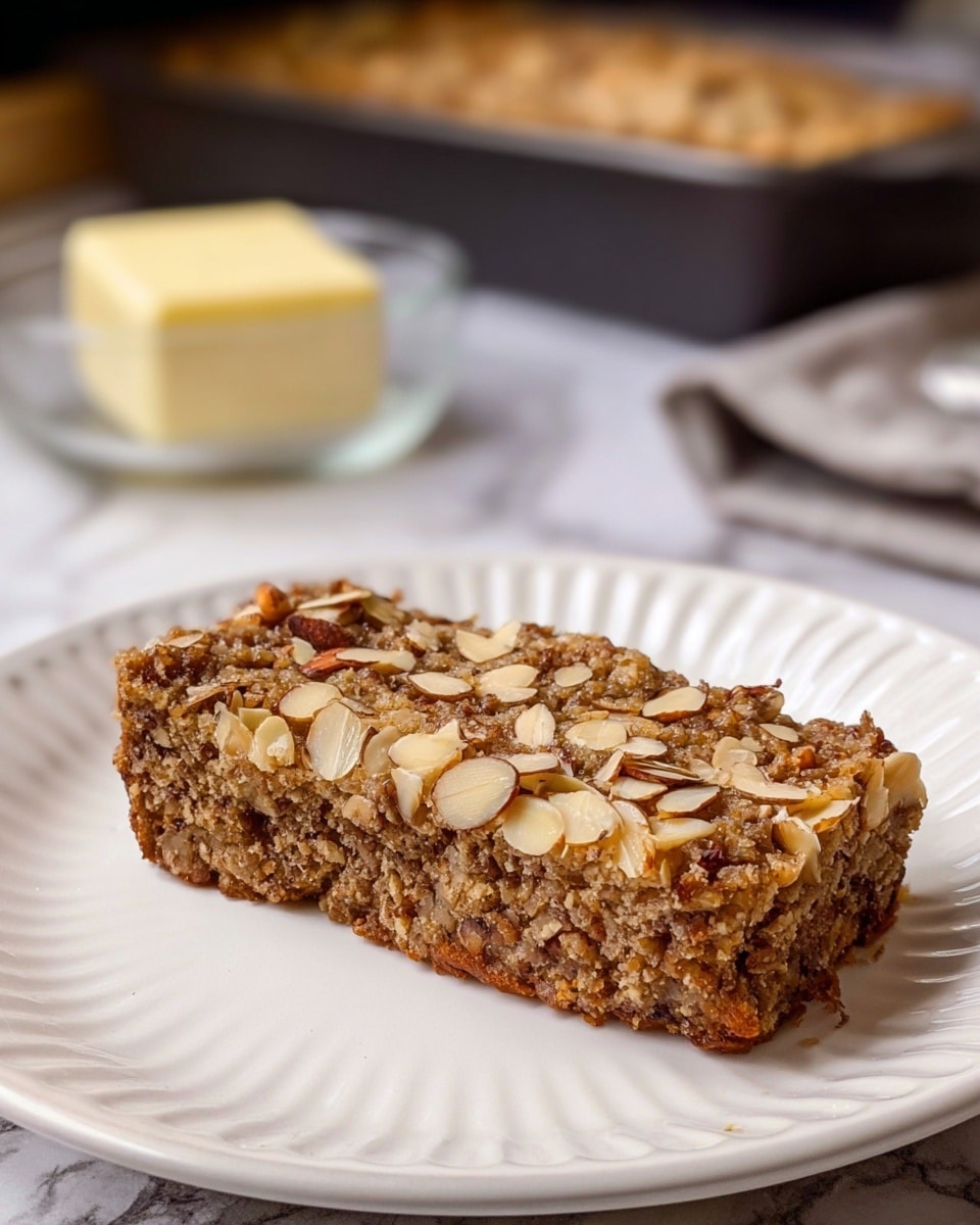 Honey Oat Apple and Banana Loaf Recipe 5 A thick, rectangular slice of a dense brown nut loaf sits on a white plate with ridged edges, showing a top layer of tightly packed, crumbly texture with darker brown spots and small bits of different ingredients. The bottom layer is made of thinly sliced light beige almonds, pressed together and slightly uneven, giving a rough edge. The plate rests on a white marbled surface, with a soft butter block on a glass dish and a dark baking pan with the rest of the loaf blurred in the background. photo taken with an iphone --ar 4:5 --v 7