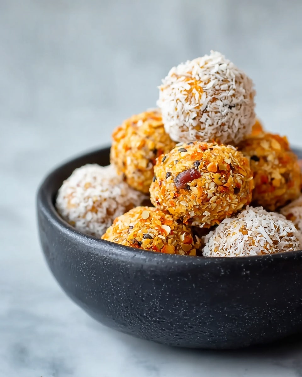 Healthy No-Bake Carrot Cake Energy Bites Recipe 5 The image shows a close-up of a black bowl filled with round snack balls. There are two types of balls stacked in a small pile: one set is coated with white shredded coconut giving a rough texture, and the other set has a mix of orange, yellow, and brown bits giving a crunchy look. The bowl sits on a white marbled surface with a soft, light background. photo taken with an iphone --ar 4:5 --v 7