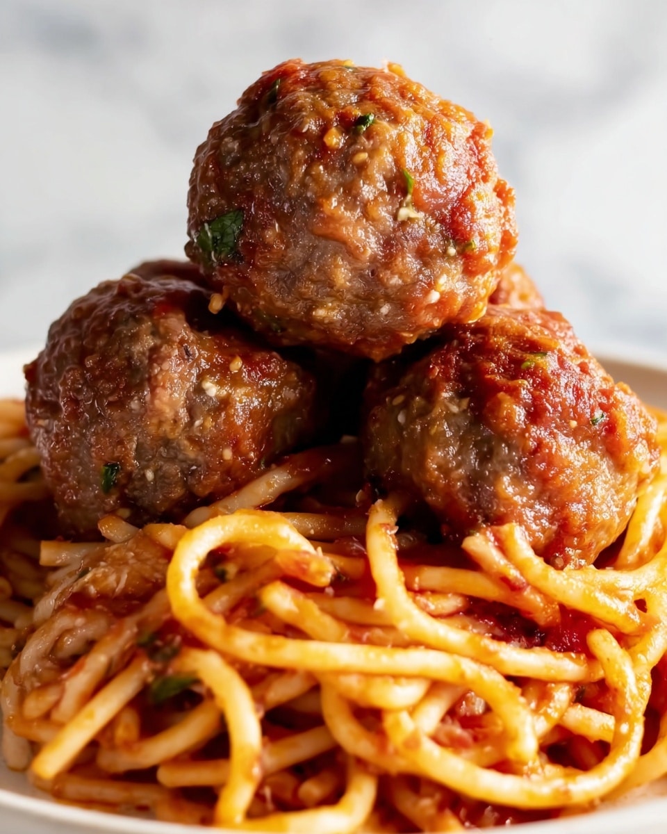 Homemade Baked Meatballs Recipe 5 The image shows three large, brown meatballs stacked closely on top of a bed of spaghetti noodles that are coated in a red tomato sauce, with a few visible herbs and bits of seasoning in the meatballs. The meatballs have a slightly shiny and textured surface, and the noodles below are thick and twisted, with sauce clinging to them. The dish is placed on a plain white plate sitting on a white marbled surface. Photo taken with an iphone --ar 4:5 --v 7