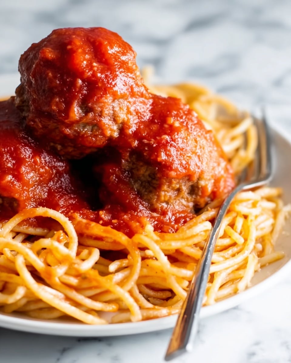 Homemade Baked Meatballs Recipe 6 The image shows a close-up of a white plate with two large meatballs covered in bright red tomato sauce on top of a bed of spaghetti noodles. The spaghetti is golden and slightly shiny, twisted and layered below the meatballs. The tomato sauce looks thick and rich, covering the top and some sides of the meatballs. A silver fork rests in the spaghetti at the bottom right corner of the plate. The background has a white marbled texture, giving a clean and bright look. Photo taken with an iphone --ar 4:5 --v 7