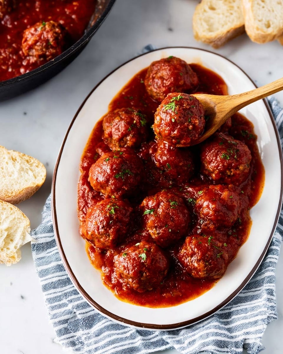 Bobby Flay's Italian Meatball Recipe 5 The image shows around twelve round meatballs covered in a thick, rich, red tomato sauce placed on an oval white plate with a thin dark rim. One meatball is lifted by a wooden spoon resting on the plate at the top left. The sauce is smooth and glossy, with small green herb specks sprinkled over the meatballs. The plate sits on a white marbled surface with a blue and white striped cloth partially visible under the lower left side of the plate. To the left, there is a black pan with more meatballs in sauce, and pieces of light brown bread are scattered nearby. Photo taken with an iphone --ar 4:5 --v 7