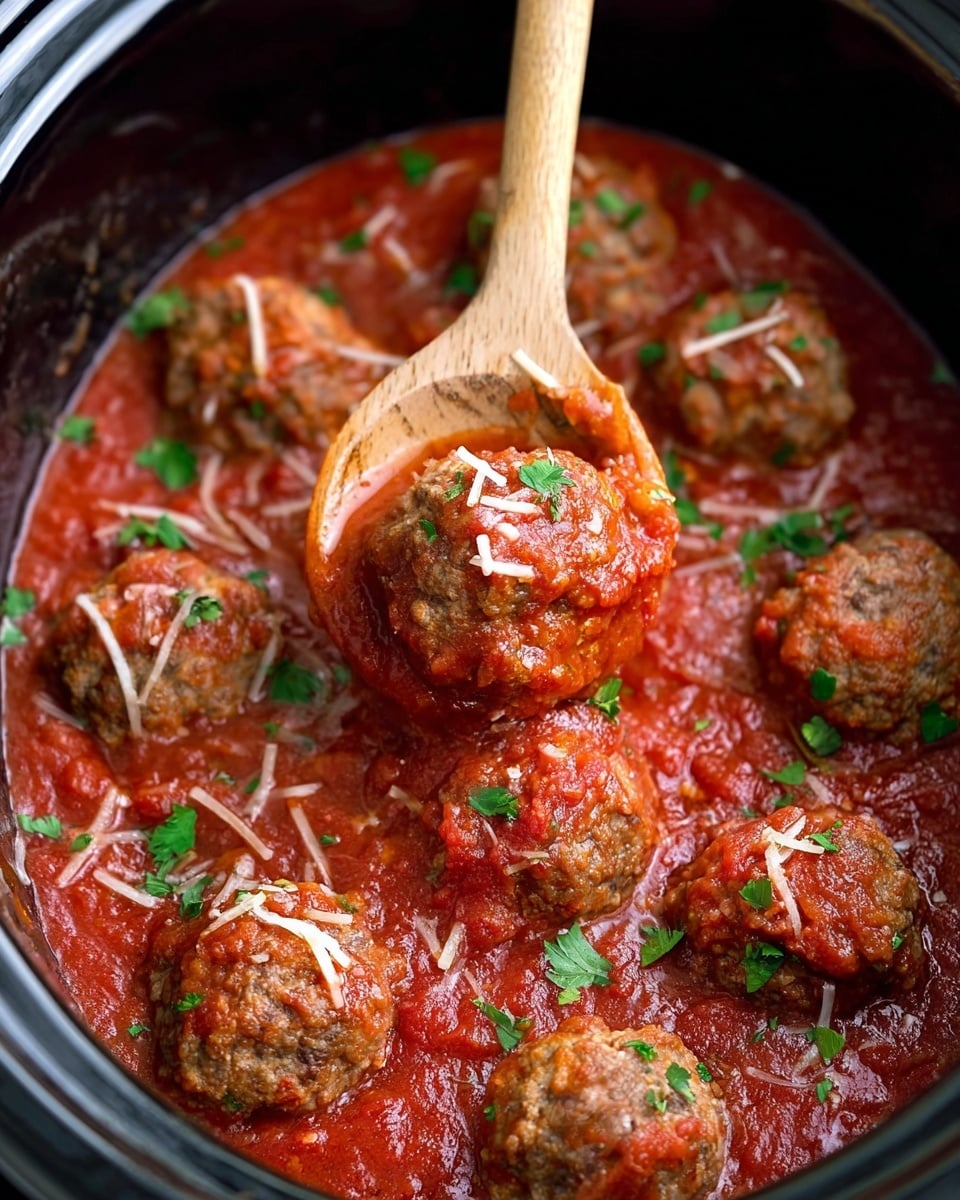 Slow Cooker Italian Meatballs Recipe 6 The image shows a close-up of a black slow cooker filled with about ten round meatballs in thick red tomato sauce. The meatballs are medium brown with a rough texture and are partly covered in the chunky tomato sauce. Small bits of white shredded cheese and green chopped herbs are scattered on top of the meatballs and sauce. A wooden spoon is lifting one meatball from the sauce, showing the sauce dripping slightly from it. The inside of the cooker is shiny black, and the background is a white marbled texture photo taken with an iphone --ar 4:5 --v 7