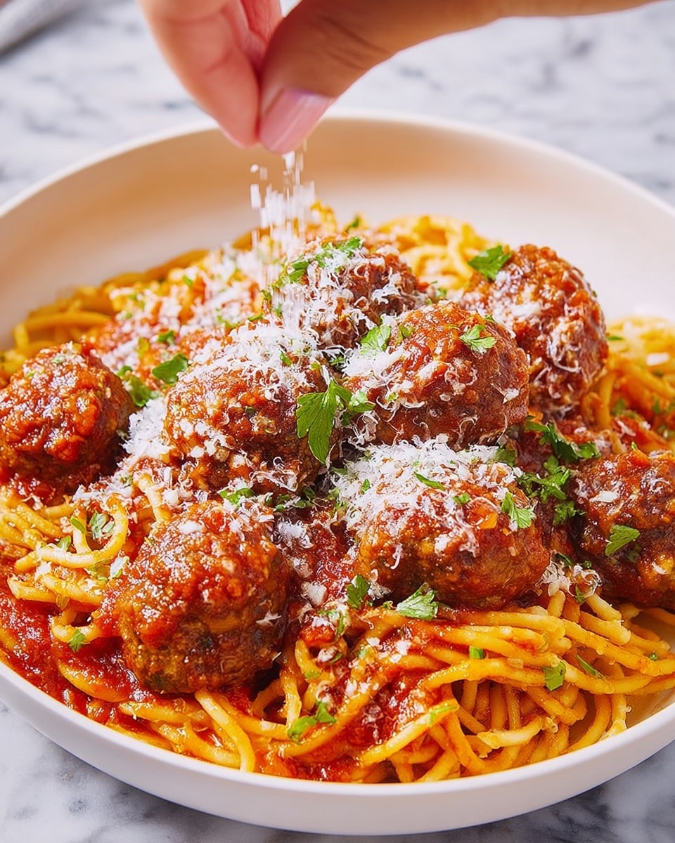 A white bowl filled with layers of spaghetti noodles soaked in red tomato sauce, topped with eight meatballs covered in the same sauce. There is a light sprinkle of grated white cheese spread evenly over the meatballs and noodles. Small green herb pieces are scattered on top for color. A woman's hand is seen above the bowl adding some finishing touches. The bowl sits on a white marbled surface. photo taken with an iphone --ar 4:5 --v 7