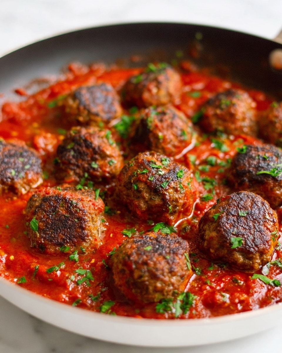 A close-up view of a white pan filled with about twelve brown meatballs that have a slightly crisp and charred surface on top. The meatballs sit in a rich red tomato sauce that looks thick and chunky. Small green herb pieces, likely parsley, are scattered on the meatballs and sauce, adding a fresh color contrast. The pan rests on a white marbled surface. photo taken with an iphone --ar 4:5 --v 7