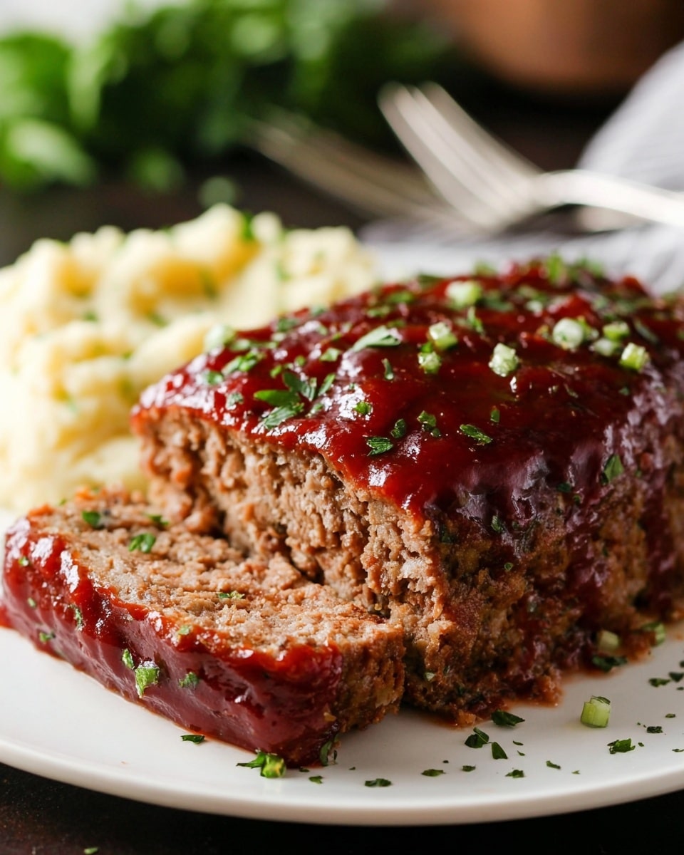 Classic Meatloaf with Ketchup Glaze Recipe 5 A close-up view of a thick meatloaf with a rich brown texture covered in a glossy dark red sauce, topped with small green herb pieces. The meatloaf is sliced, showing its dense, moist inside. It rests on a white plate with a small mound of pale yellow mashed side and scattered green herbs around the plate edges. The dish is set on a white marbled surface with a blurred background featuring a fork and more green herbs. Photo taken with an iphone --ar 4:5 --v 7