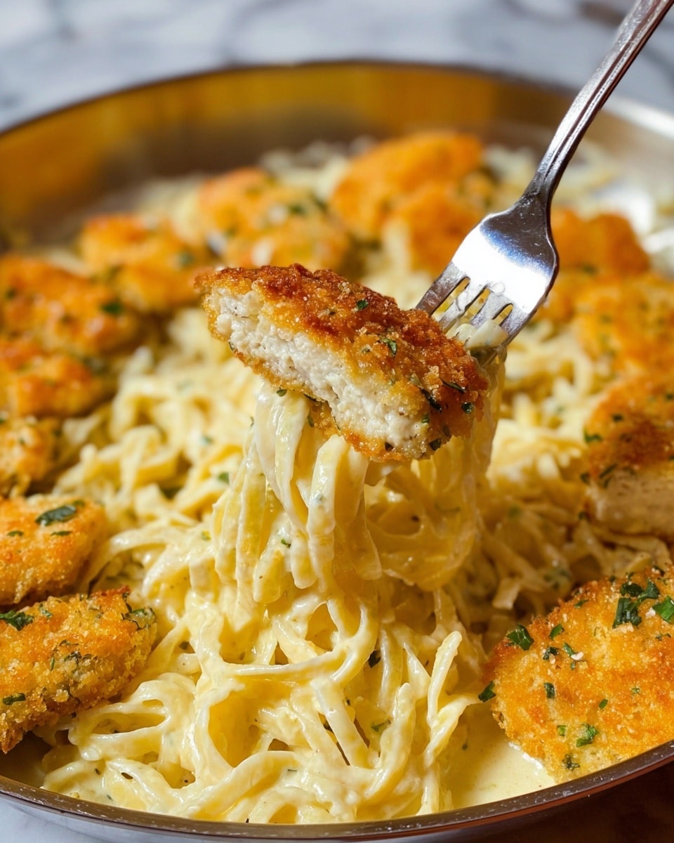 Creamy Chicken Alfredo Pasta with Parmesan-Crusted Chicken Recipe 6 The image shows a close-up of creamy pasta mixed with crispy breaded pieces. The pasta is a pale yellow color, smooth and coated evenly with a thick creamy sauce that looks rich and soft. It wraps around a fork along with a crispy, golden-brown breaded piece with green herb flecks, showing a slightly crunchy texture on the outside and a white inside. In the background, more golden breaded pieces lay over the creamy pasta, all placed inside a large silver pan that rests on a white marbled surface. A woman's hand is holding the fork lifting the creamy pasta and breaded piece. photo taken with an iphone --ar 4:5 --v 7