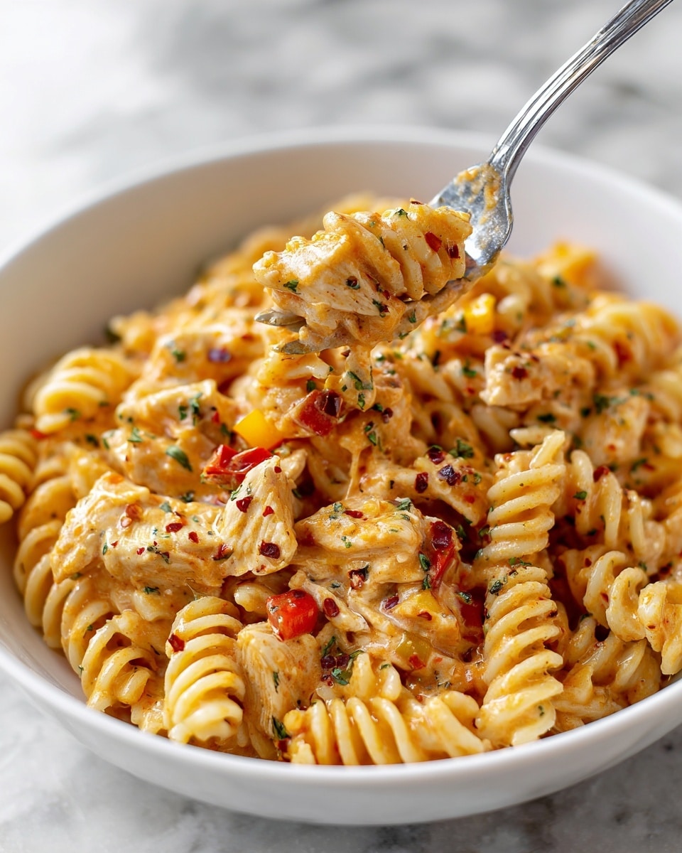 A white bowl filled with creamy rotini pasta mixed with chunks of cooked chicken and small pieces of red and yellow vegetables. The pasta is coated in a rich, orange-colored sauce with visible herbs, giving it a slightly textured look. The bowl sits on a white marbled surface, with some scattered red chili flakes around it. A metal spoon is partly dipped into the bowl, pushing some pasta to the side, showing the sauce's thickness. photo taken with an iphone --ar 4:5 --v 7
