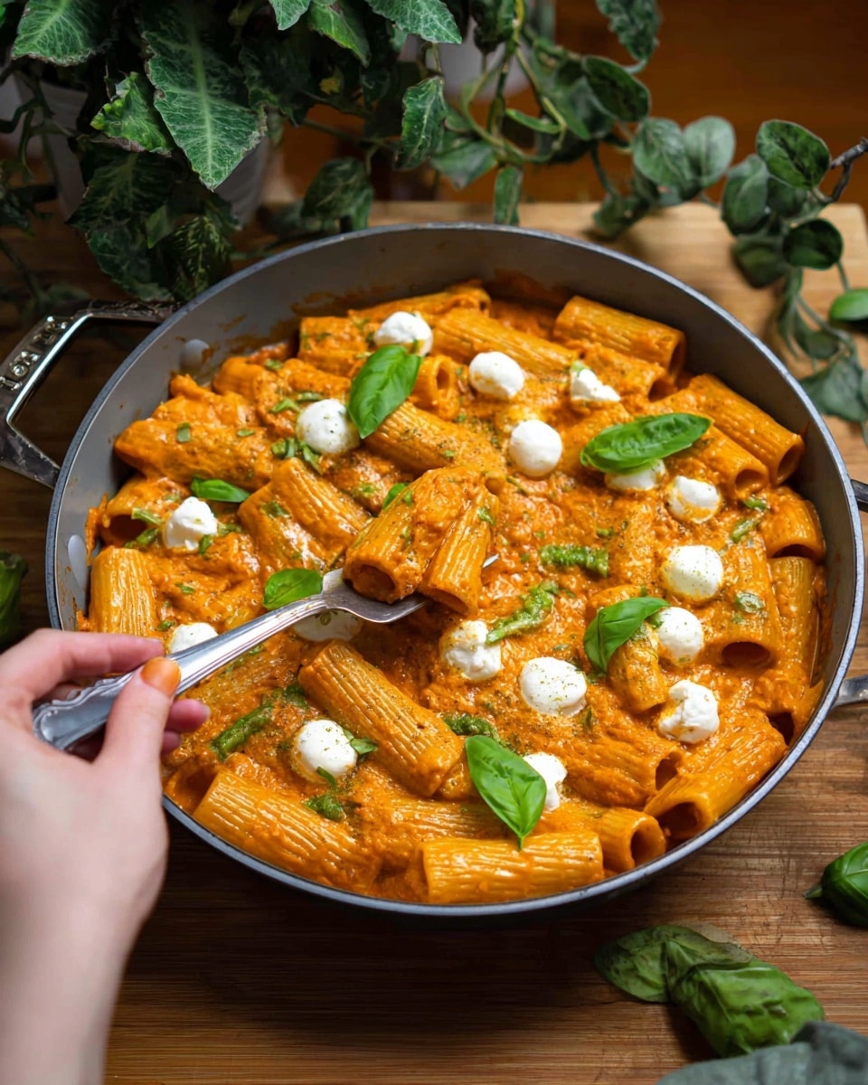 Creamy Rigatoni with Tomato Sauce Recipe 5 A large gray pan filled with rigatoni pasta covered in a thick orange sauce, dotted with small white mozzarella balls and bright green basil leaves scattered on top. A woman's hand is holding a fork poking into the pasta, lifting a piece. The background features green leafy plants, and the pan is set on a wooden surface. The image has a fresh, homemade feel with vivid, warm colors. photo taken with an iphone --ar 4:5 --v 7