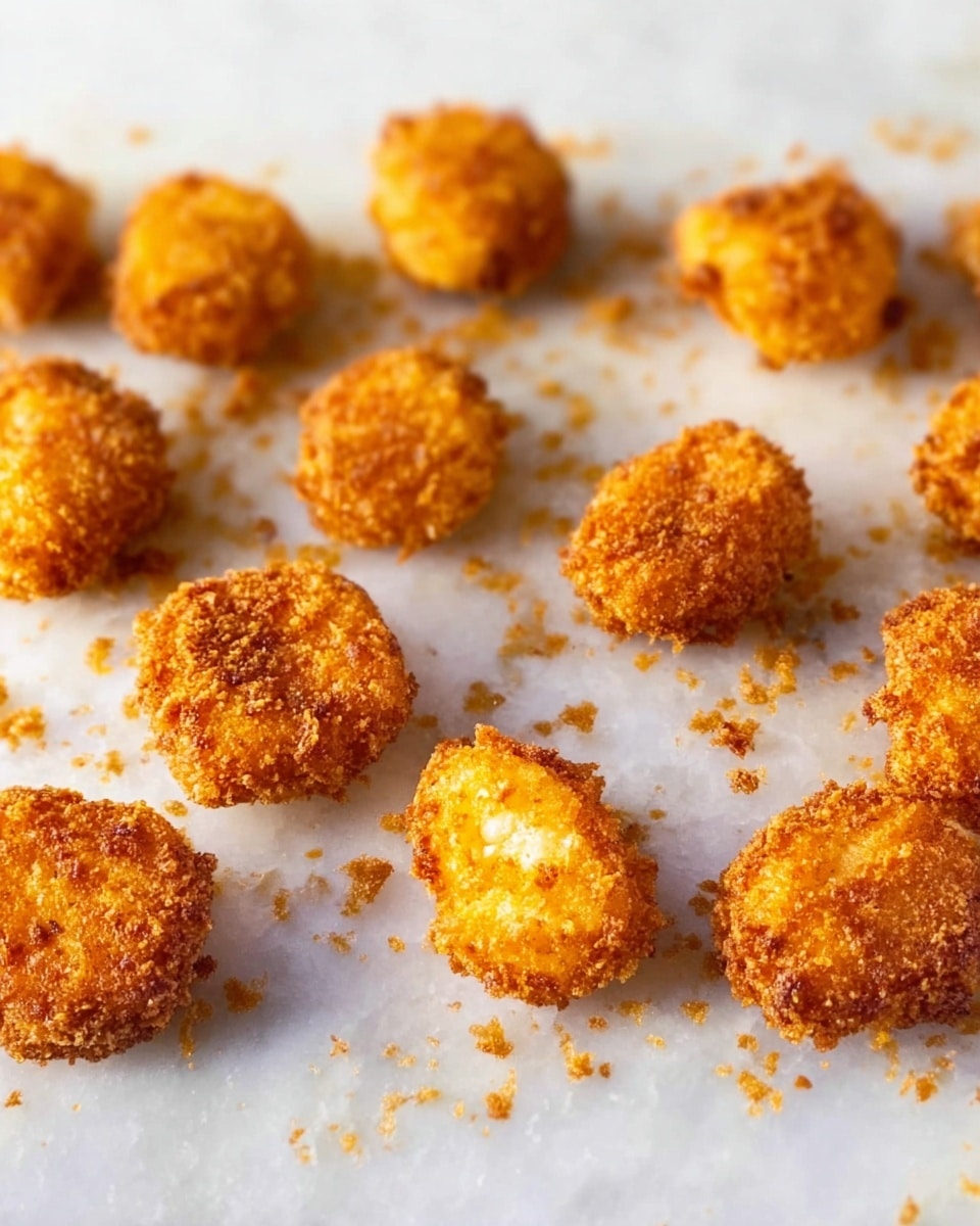 Small, round pieces of food with a rough, crunchy texture and golden brown color are spread out on a white marbled surface. Each piece has an uneven shape showing a crispy coating with some lighter yellow spots visible inside, suggesting a soft center. Tiny crumbs are scattered around the pieces, adding to the crispy look. The lighting highlights the texture and warm tones, making the food look freshly cooked and appetizing. photo taken with an iphone --ar 4:5 --v 7