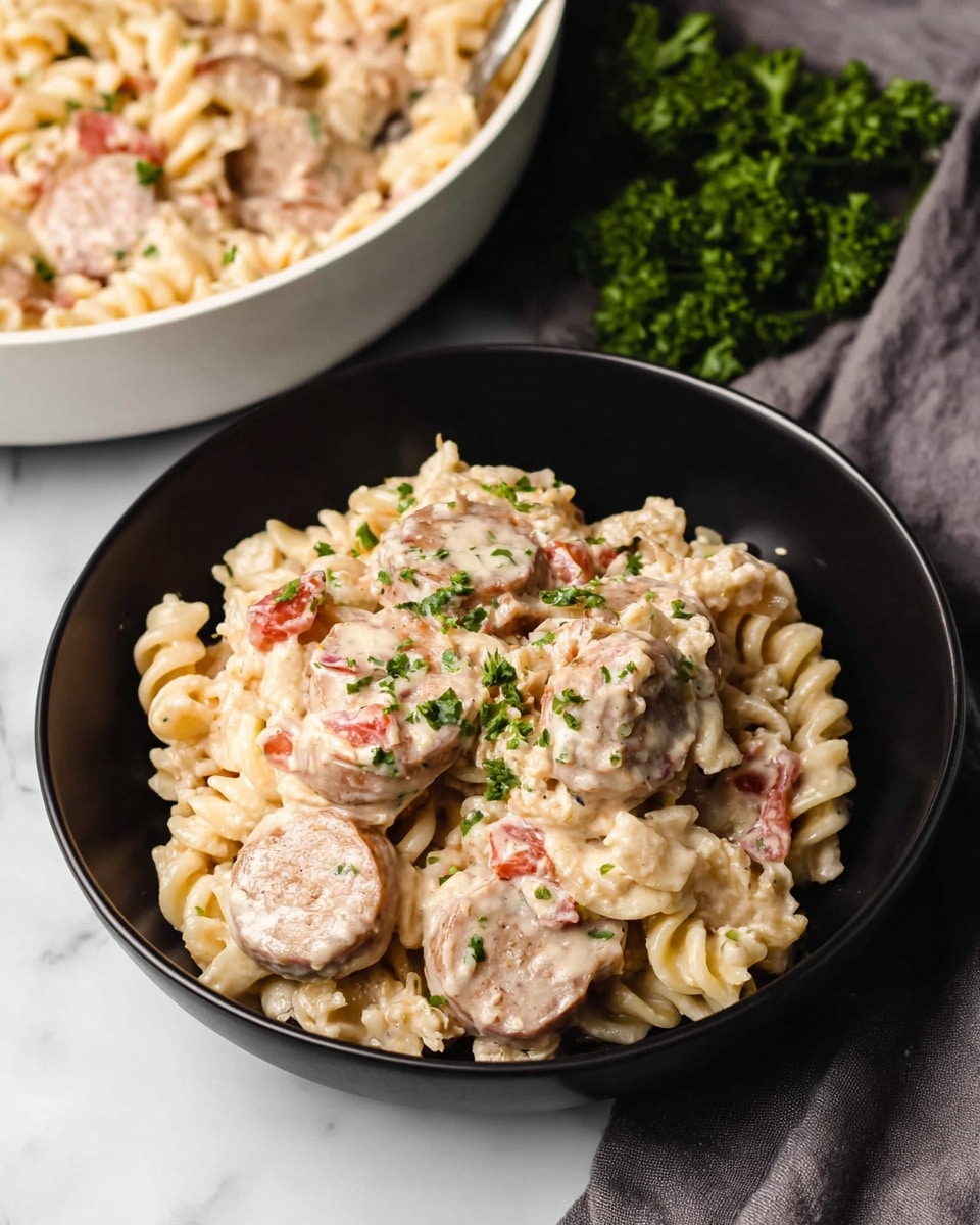 Creamy Smoked Sausage Pasta Recipe 6 The image shows a black bowl filled with creamy pasta, with two main layers visible: the bottom layer is curly pasta in a light yellow color mixed with small pieces of red tomato, and the top layer shows round slices of sausage in a light brown color, all covered in a smooth, creamy white sauce sprinkled with chopped green herbs. The pasta dish is garnished with bright green parsley placed on the side. In the background, there is a white bowl filled with the same creamy pasta and sausage mix, positioned slightly to the right, and a grey cloth is visible on the white marbled surface. Photo taken with an iphone --ar 4:5 --v 7