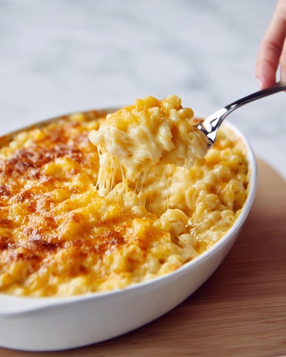 Homemade Classic Macaroni and Cheese Recipe 6 A white oval dish is filled with creamy macaroni and cheese, showing at least two layers: the base layer is tender elbow pasta covered in a smooth, pale yellow cheese sauce, and the top layer is a golden-brown melted cheese crust that looks slightly crispy. A fork held by a woman's hand is scooping a portion from the dish, pulling some of the cheesy pasta upwards. The dish is placed on a white marbled surface and the image focuses closely on the dish, highlighting the rich texture of the melted cheese and pasta. photo taken with an iphone --ar 4:5 --v 7