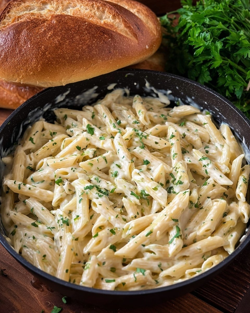 This image shows a black pan filled with creamy white penne pasta mixed evenly with small green herb pieces, giving a light speckled look. The pasta is thickly coated with a smooth sauce and arranged in a way that fills the pan almost fully, with some pasta slightly layered on top of others. Behind the pan, there is a loaf of brown bread and a bunch of fresh green herbs placed on a wooden table. The overall setting is warm and inviting. Photo taken with an iphone --ar 4:5 --v 7