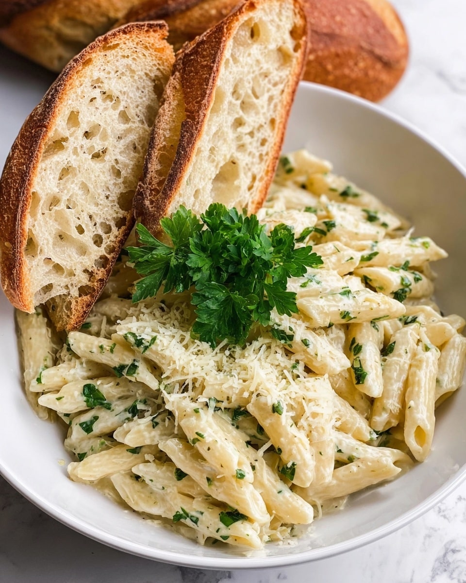 A white bowl filled with three layers: the base layer is creamy white penne pasta mixed with finely chopped green herbs, the middle layer is a light sprinkling of grated pale yellow cheese scattered evenly on top of the pasta, and the top layer is a small bunch of bright green fresh parsley placed in the center. Resting against the pasta are two thick slices of crusty bread with a golden brown outer crust and a soft, light beige, porous inside. The bowl is set on a white marbled surface. Photo taken with an iphone --ar 4:5 --v 7