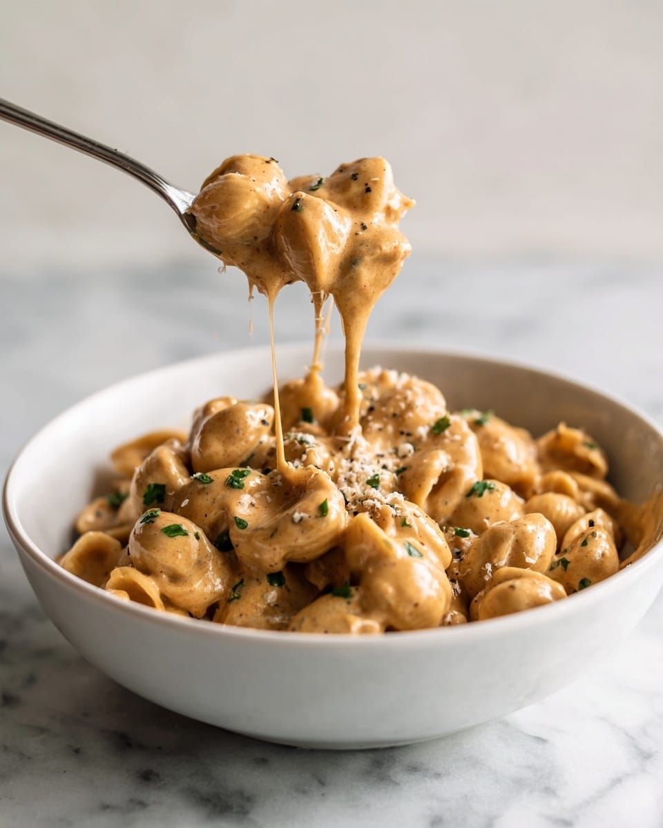 A white bowl filled with small round pasta pieces covered in a thick, creamy light brown sauce. The sauce has a smooth texture with specks of black pepper and finely chopped green herbs sprinkled on top. The pasta shines slightly under the light, showing it is well-coated by the sauce. A silver spoon rests inside the bowl on the right side, partially covered by the pasta. The bowl sits on a white marbled surface. photo taken with an iphone --ar 4:5 --v 7