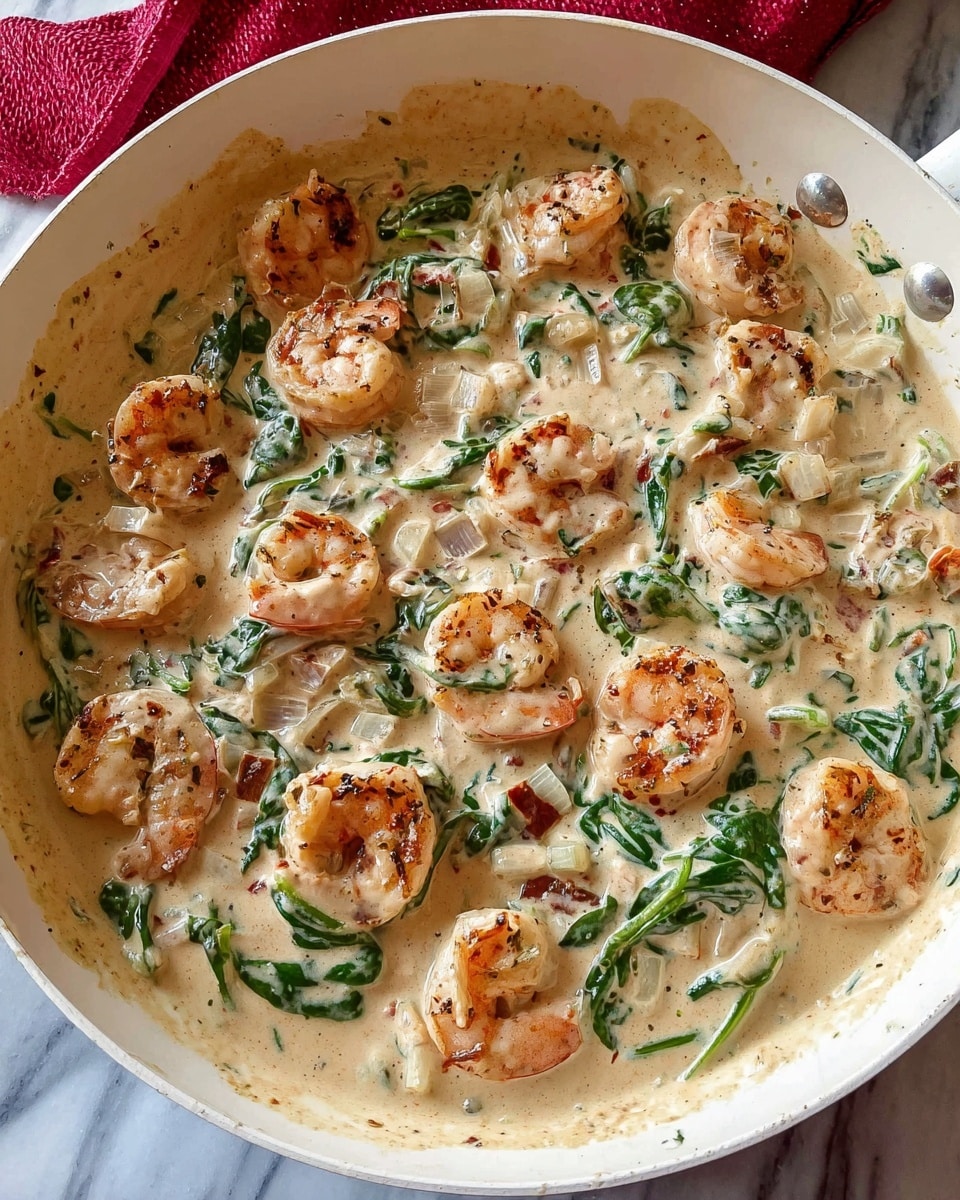 A gray pan filled with a creamy sauce that has a light beige color and a smooth texture, covering around 20 pink shrimp that have slightly charred edges; scattered within the sauce are small green spinach leaves and soft, diced white onions that add texture and color contrast throughout. photo taken with an iphone --ar 4:5 --v 7
