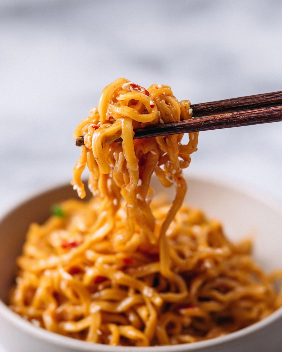 A close-up of thick, glossy noodles coated in a light orange sauce with small bits of red chili and sesame seeds scattered throughout. The noodles are lifted above a white bowl by a pair of dark wooden chopsticks held by a woman's hand, showing their smooth and slightly sticky texture. The background is a soft, out-of-focus white marbled surface, highlighting the warm, rich color of the noodles. photo taken with an iphone --ar 4:5 --v 7