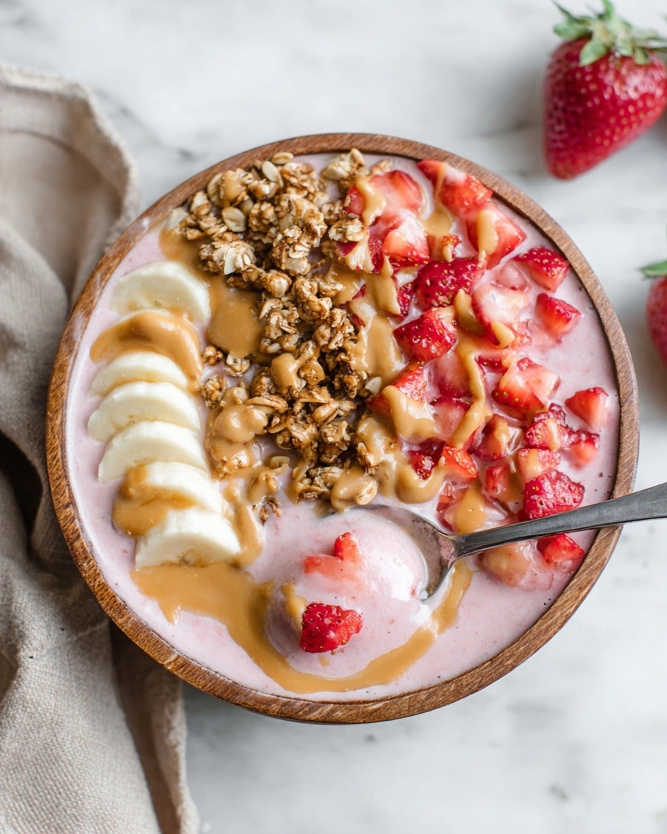 A white wooden bowl filled with a creamy light pink smoothie base. On top, there are four visible layers: thinly sliced white banana pieces on one side, bright red chopped strawberries scattered over the smoothie, clusters of crunchy golden brown granola with seeds, and smooth tan peanut butter drizzled across the banana and granola. A silver spoon is placed partly inside the bowl, with a scoop of the pink smoothie mixture and strawberry pieces on it. The bowl sits on a white marbled surface with a few strawberries and a beige cloth nearby. photo taken with an iphone --ar 4:5 --v 7