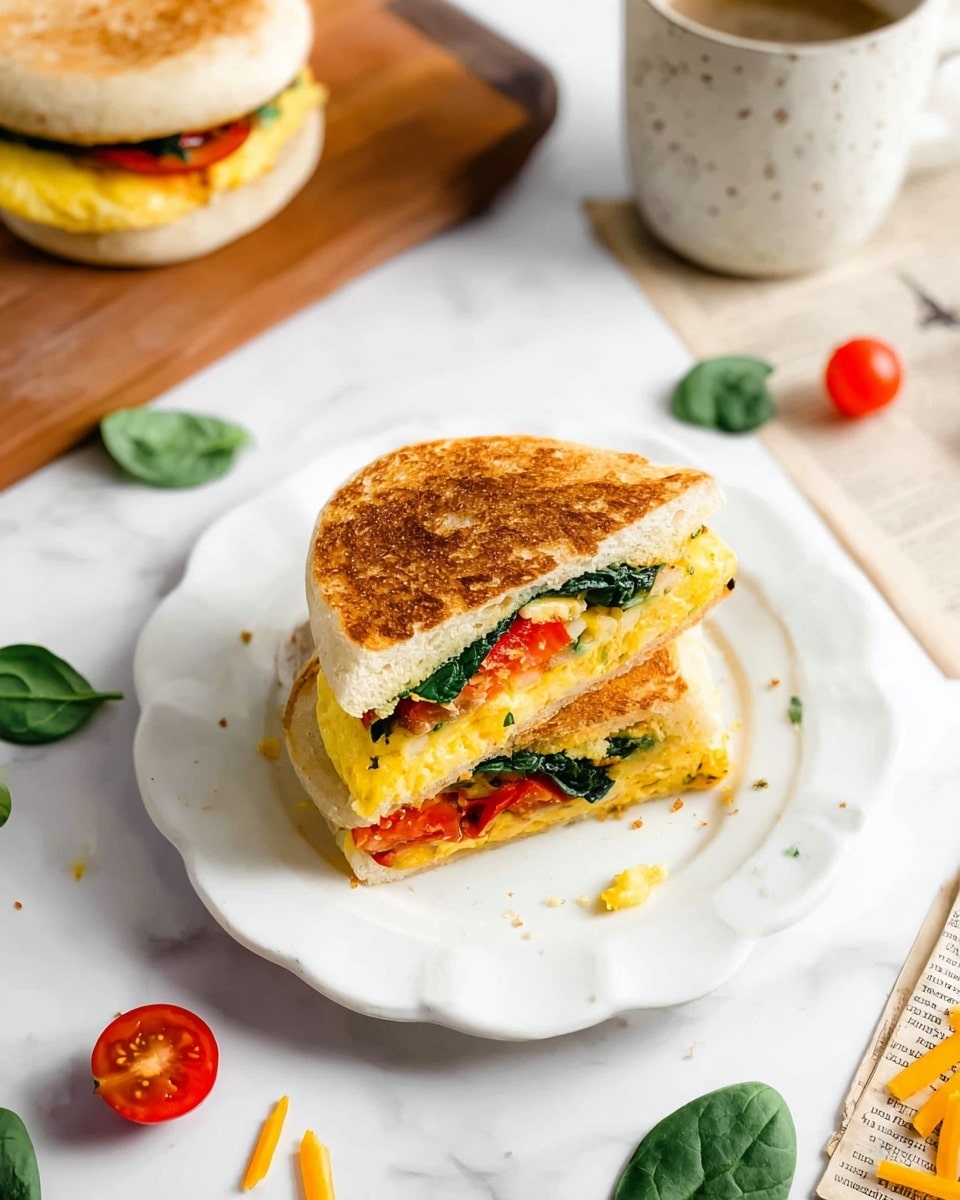 The image shows a sandwich sliced in half on a white plate with a scalloped edge, placed on a white marbled surface. The sandwich has two layers: the top and bottom are toasted English muffins with a golden-brown, slightly crispy texture. Inside, there is a fluffy yellow egg layer with visible spinach leaves and a red tomato slice peeking out. Around the plate, there are scattered spinach leaves, a cherry tomato, small pieces of shredded yellow cheese, and a newspaper corner. In the background, there is another sandwich on a wooden board and a speckled white mug. Photo taken with an iphone --ar 4:5 --v 7