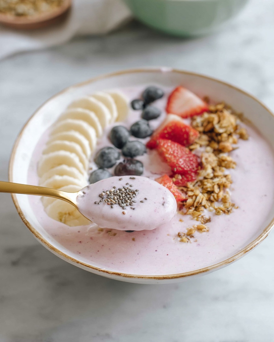The image shows a white bowl with a thin gold rim filled with a light pink smoothie base. On top, there are neat rows of sliced bananas, fresh blueberries, chia seeds forming a small round patch, small pieces of red strawberry, and a sprinkling of golden brown granola. A golden spoon holds a scoop of the creamy pink smoothie close to the bowl. The bowl sits on a white marbled surface with a blurred green bowl in the background. Photo taken with an iphone --ar 4:5 --v 7