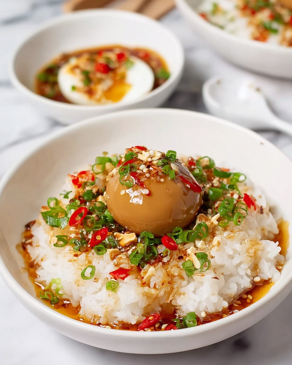 A white bowl filled with a layer of cooked white rice, topped with a marinated brown egg sitting in the center. The rice is sprinkled with chopped green onions, small red chili slices, and some crushed garlic pieces, giving a colorful and textured look. A sauce or seasoning drizzles over everything, adding a glossy shine to the surface. In the background, a smaller white dish holds another brown marinated egg with chili and sauce, all set on a white marbled surface. Photo taken with an iphone --ar 4:5 --v 7