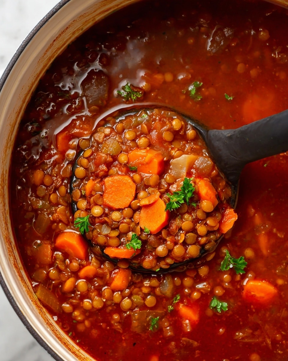 A close-up view of a rich lentil soup in a white pot, filled with three main layers of ingredients: small light brown lentils, bright orange carrot slices, and bits of translucent cooked onion, all covered in a thick, deep red broth. Small green parsley leaves float on top, adding a fresh contrast. A matte black ladle is inside the pot, scooping up soup with visible lentils and carrot slices. The pot's white edge shows some splashes and stains of the soup. The background surface is white marble photo taken with an iphone --ar 4:5 --v 7