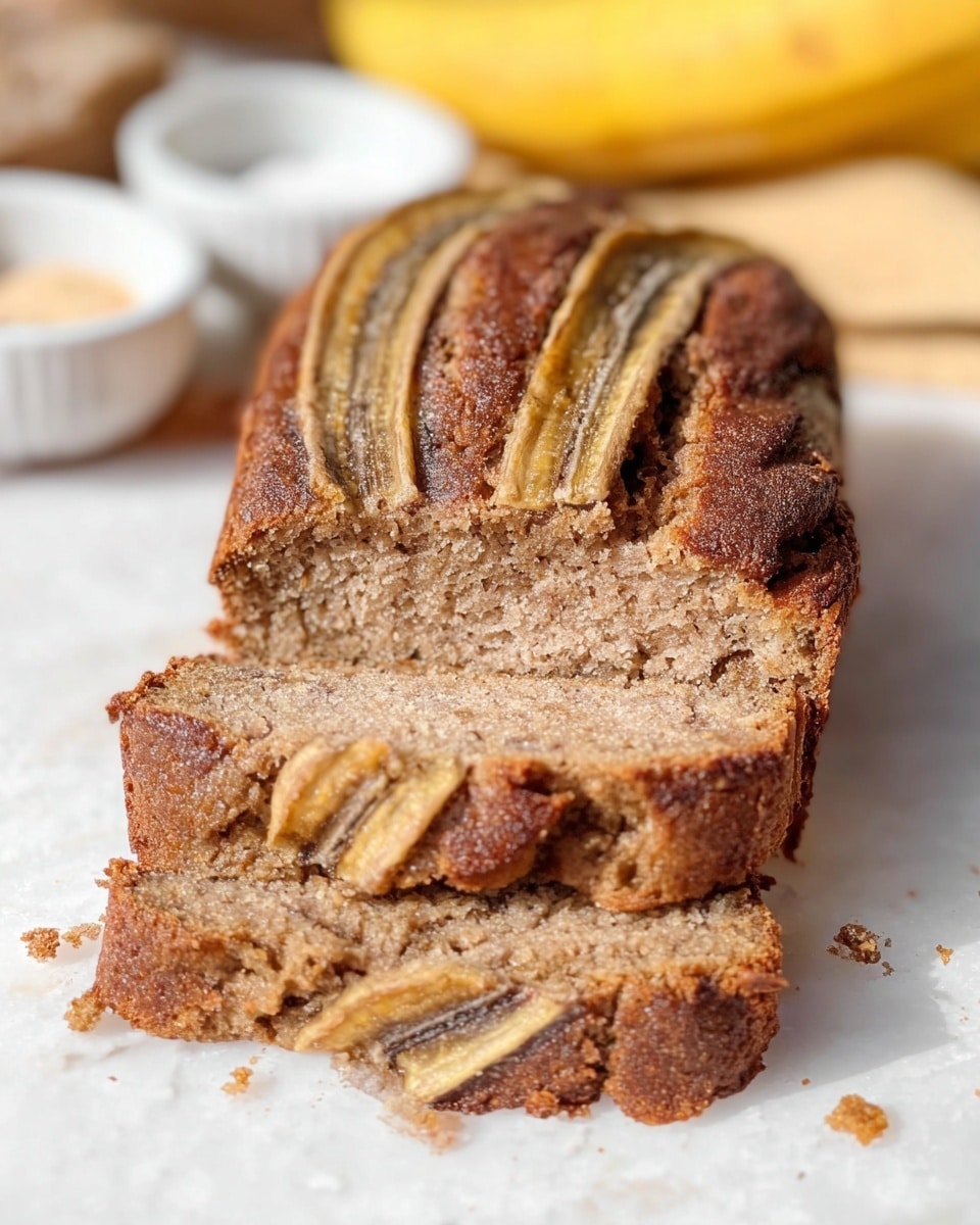 A loaf of banana bread sliced into four pieces is placed on a white marbled surface. The bread has a soft, dense texture and a light brown color. On the top of the loaf, there are three split banana halves with a darker caramelized tone, lying parallel and embedded into the bread. The slices show moist crumb, and small crumbs are scattered gently around. The background includes blurred bananas and small white dishes with ingredients out of focus. Photo taken with an iphone --ar 4:5 --v 7