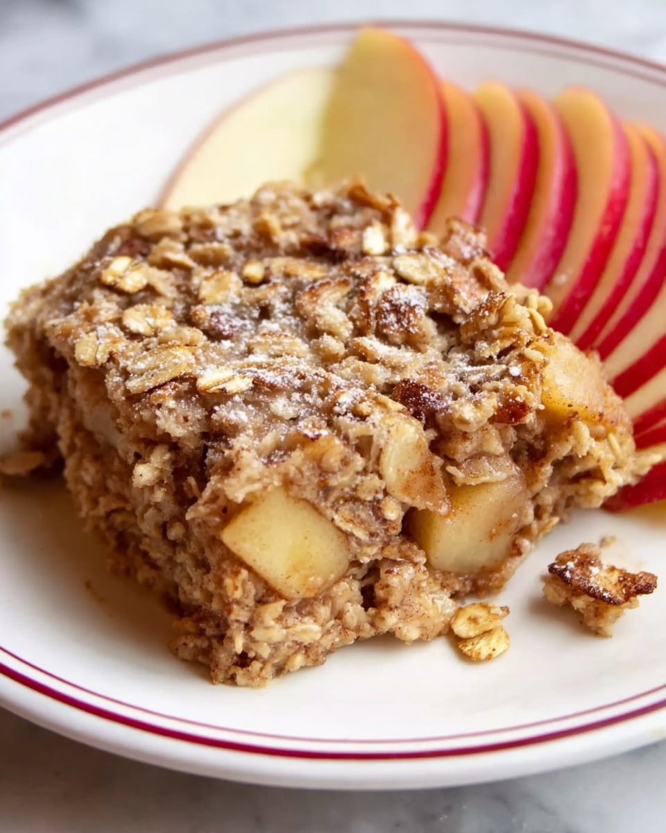 A close-up of a square piece of baked oatmeal on a white plate with a thin red rim, featuring visible layers of oats and diced apples mixed into the soft, textured oatmeal base. The top layer is rough and sprinkled lightly with powdered sugar, showing large oat flakes and small apple chunks with a golden-brown tint. At the back of the plate, there are thin slices of red-skinned apple arranged in a fan shape. The plate sits on a white marbled surface. Photo taken with an iphone --ar 4:5 --v 7