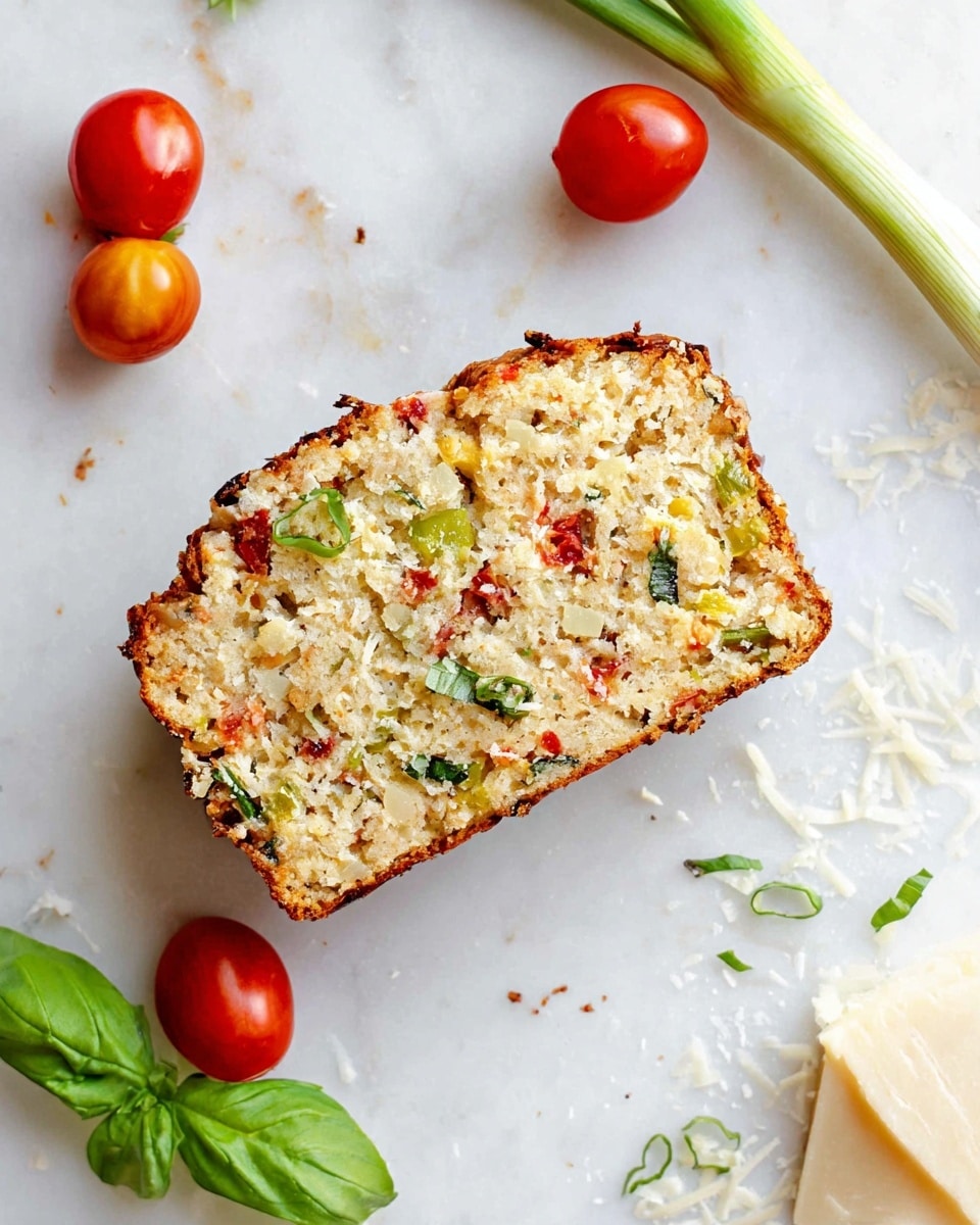 A rectangular loaf of savory bread with a golden-brown crust topped with melted cheese is placed on a white marbled surface. Next to it is one thick slice of the bread, showing a soft interior speckled with green herbs and bits of red, with some cheese sprinkled on top. Around the bread are three fresh basil leaves, two red tomatoes, and a long green onion. There is also a beige cloth napkin in the upper right corner. photo taken with an iphone --ar 4:5 --v 7
