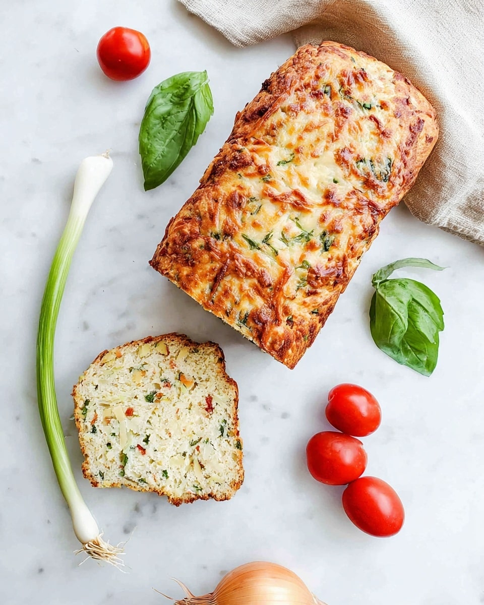 A single slice of savory bread loaf lies flat on a white marbled surface, showing a textured crumb filled with bits of red tomatoes, green herbs, and bits of white cheese throughout. Around the slice, there are a few whole red cherry tomatoes, bright green basil leaves, and a piece of green onion on the bottom right corner. Some grated cheese is scattered lightly on and around the slice and other items, adding a delicate, fine white detail. The image is bright and clear, with natural lighting highlighting the fresh, colorful ingredients photo taken with an iphone --ar 4:5 --v 7