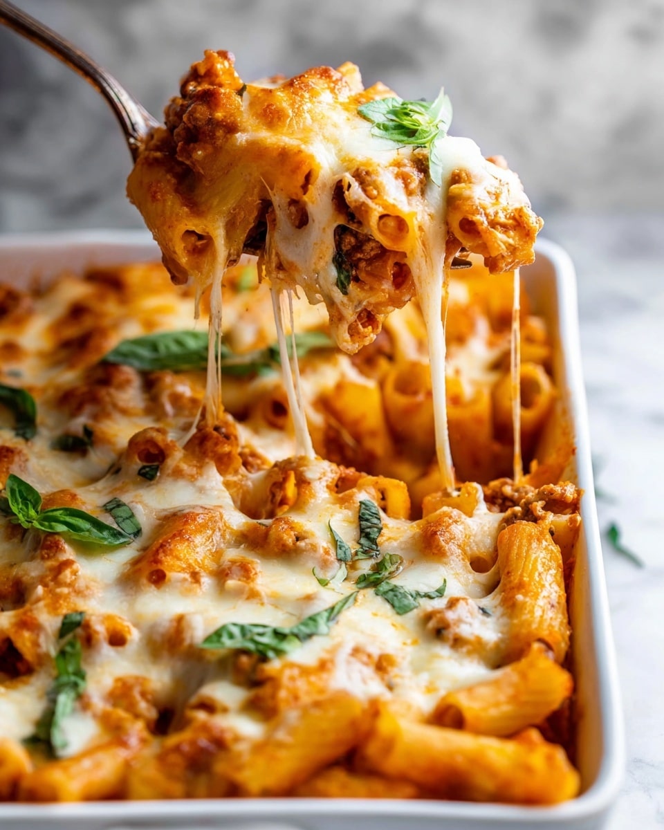 Baked Ziti with Italian Sausage and Ricotta Recipe 5 A white rectangular dish filled with baked pasta is shown, with one portion being lifted by a fork. The dish has layers of tube-shaped pasta in an orange tomato sauce base, topped with a thick layer of melted cheese that is golden brown in parts and stretches in strings from the fork to the dish. Fresh green basil leaves are scattered on top for contrast. The background is a white marbled surface. photo taken with an iphone --ar 4:5 --v 7