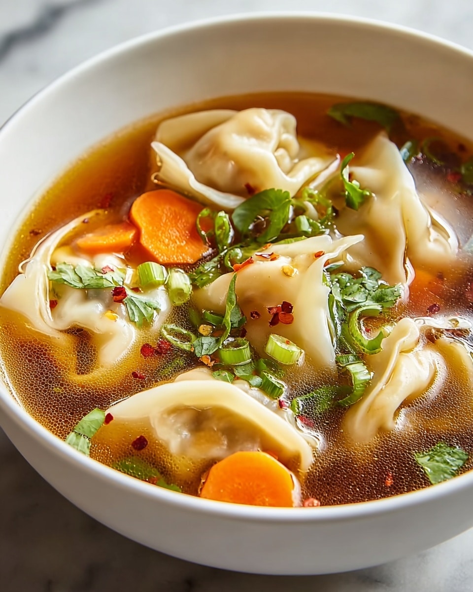Potsticker Soup: A Comforting Delight Recipe 6 A white bowl filled with clear brown broth, floating several soft, folded dumplings with light beige skins. There are slices of bright orange carrot submerged and partly above the broth, along with green chopped scallions and small fresh green herb leaves scattered on top. Tiny red chili flakes dot the surface of the broth, adding a speckled contrast. The bowl rests on a white marbled surface. photo taken with an iphone --ar 4:5 --v 7