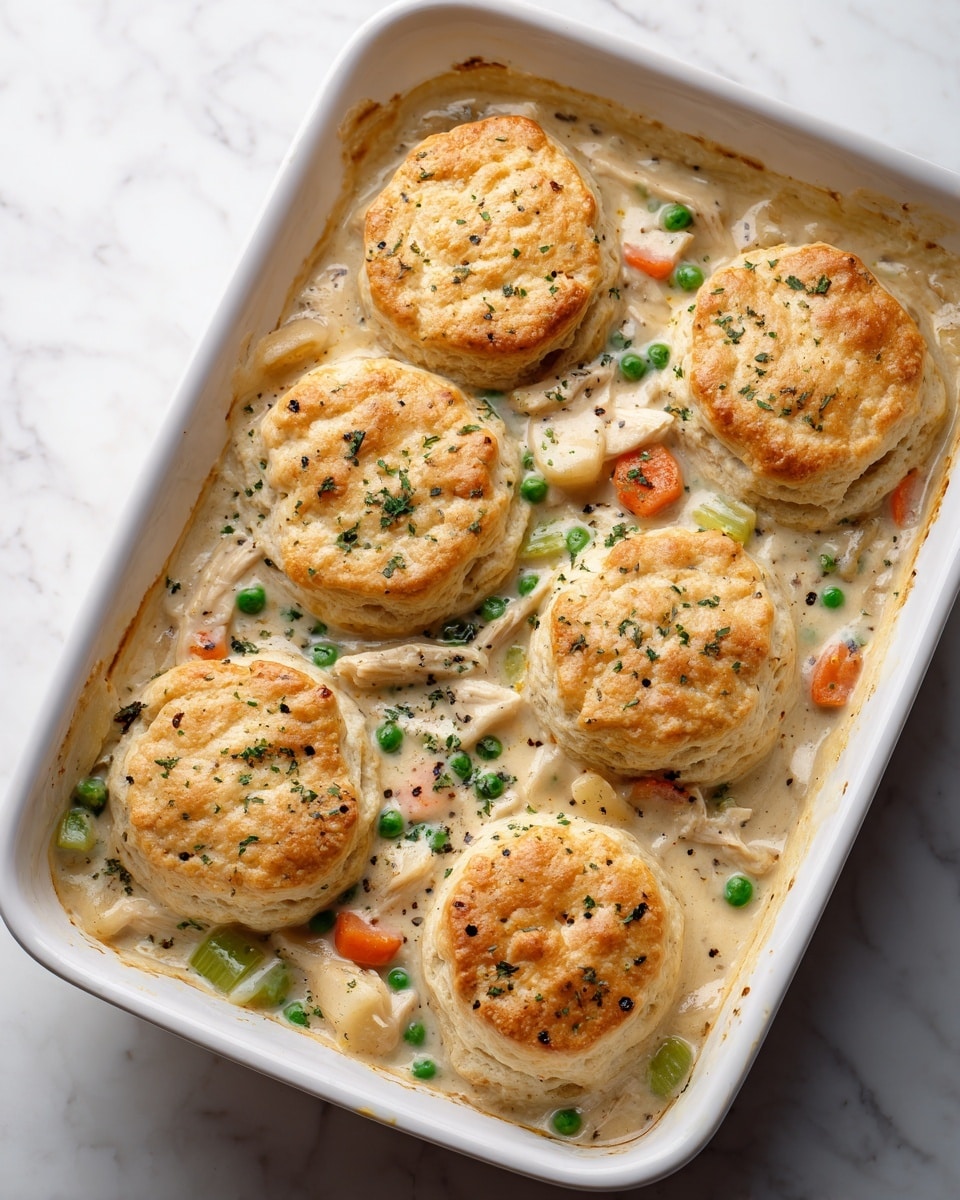 Chicken Pot Pie Casserole with Fluffy Biscuits Recipe - Recipe Image