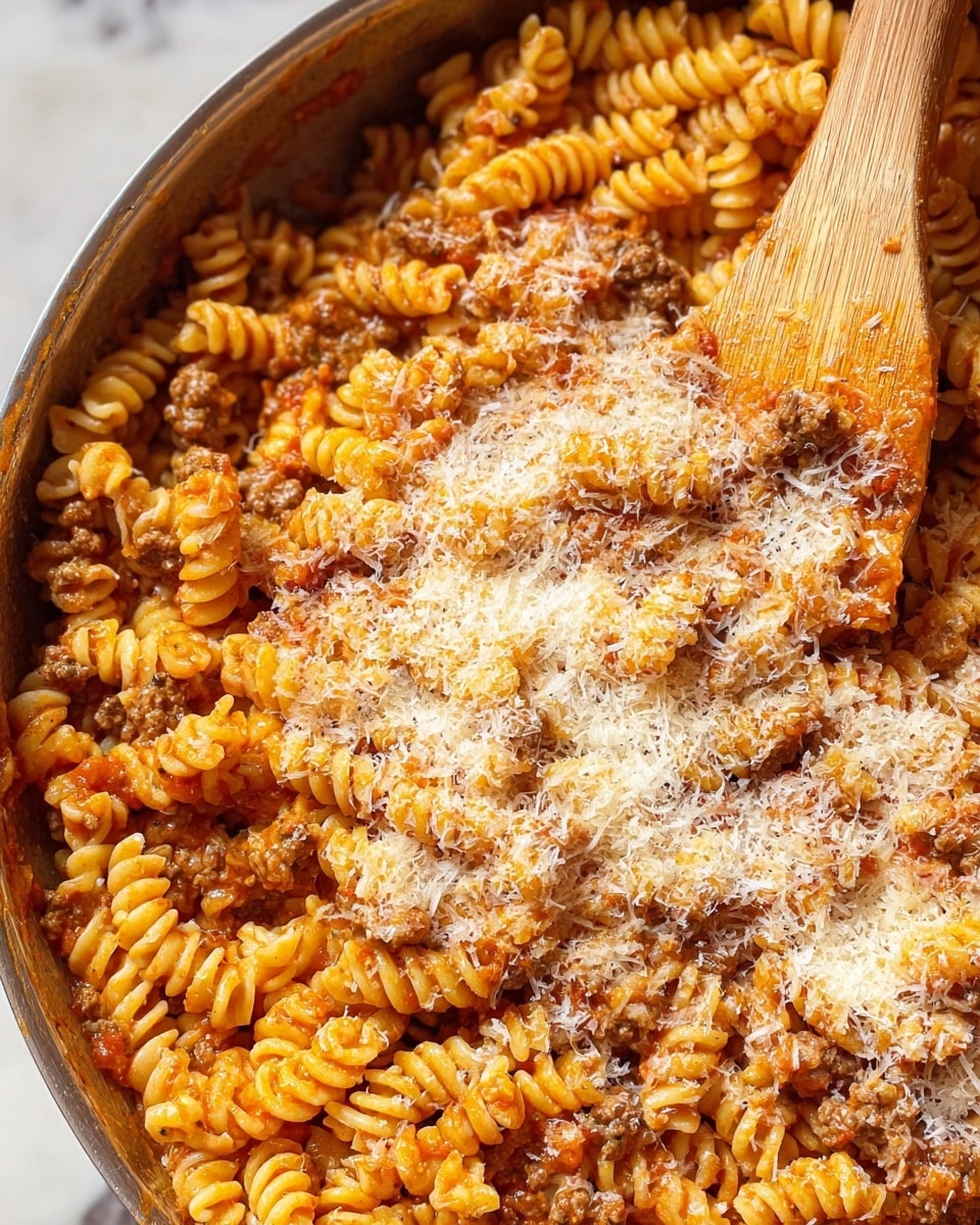 35-Minute One-Pot Creamy Beef Pasta Recipe 5 A close-up of a pan of cooked spiral pasta mixed with small pieces of brown ground meat and tomato sauce, topped with a generous layer of grated pale yellow cheese that looks soft and crumbly, and a wooden spoon stirring the mixture from the top right corner; the twisty pasta is coated in orange-red sauce, creating a textured, hearty look on a white marbled surface. Photo taken with an iphone --ar 4:5 --v 7