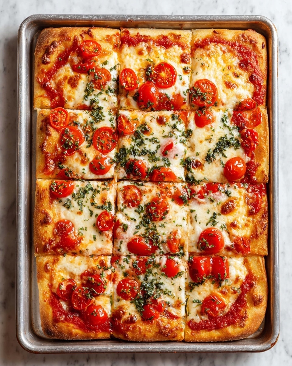 Sheet Pan Pizza Recipe 5 A rectangular pizza in a metal baking tray is shown, cut into twelve square pieces. The pizza has four main layers: a light golden crust on the bottom that is thick and soft, a bright red tomato sauce spread evenly over the crust, a melted layer of creamy mozzarella cheese with small golden spots, and a topping of small sliced red cherry tomatoes and finely chopped green herbs sprinkled across the cheese. The edges of the crust are slightly puffed and browned, and the pizza looks freshly baked on a white marbled surface. photo taken with an iphone --ar 4:5 --v 7