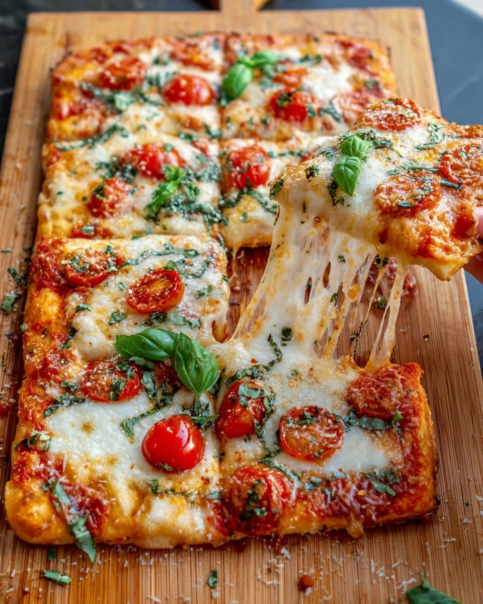 Sheet Pan Pizza Recipe 6 A rectangular pizza is placed on a light wooden board, with one slice being pulled away, showing melted cheese stretching between the slice and the main pizza. The pizza has one thick light brown crust around the edges. The bottom layer is a bright red tomato sauce. On top of the sauce, there is melted white and golden cheese, spread unevenly with melted spots. Cherry tomato slices are scattered across the pizza with fresh green basil leaves placed on top. Small pieces of chopped herbs and a few sprinkled red chili flakes are also visible. The cheese pulls stretch from the slice in the woman's hand to the pizza creating a stretchy texture contrast. Photo taken with an iphone --ar 4:5 --v 7