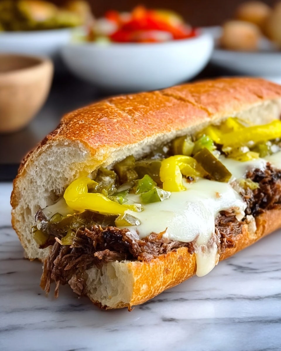 Crock Pot Italian Beef Sandwiches Recipe 5 A sandwich is shown with three main visible layers inside a golden brown, crusty sub roll. The bottom layer is shredded dark brown meat with bits of orange carrot mixed in. Above the meat, there is a layer of melted white cheese that looks soft and creamy. On top of the cheese, bright yellow banana pepper rings are spread evenly. The top half of the bread cover is slightly cracked and shiny. The sandwich is placed on a dark surface, but the background behind it is a white marbled texture. In the background, there are two white bowls, one with green leafy salad and the other with mixed cooked vegetables including cauliflower and carrots. Photo taken with an iphone --ar 4:5 --v 7
