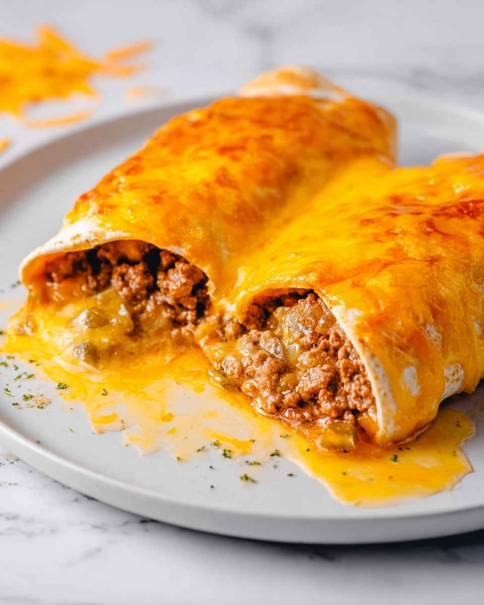 Beef Enchiladas Recipe 5 The image shows two rolled tortillas covered with a thick layer of melted yellow-orange cheese that is golden and slightly crispy on the top. Inside the partially visible open end of one tortilla, there is a filling of cooked ground meat mixed with small pieces of vegetables. The tortillas sit on a white plate that rests on a white marbled surface, with some melted cheese sauce around the tortillas and small cheese shreds scattered nearby. Photo taken with an iphone --ar 4:5 --v 7