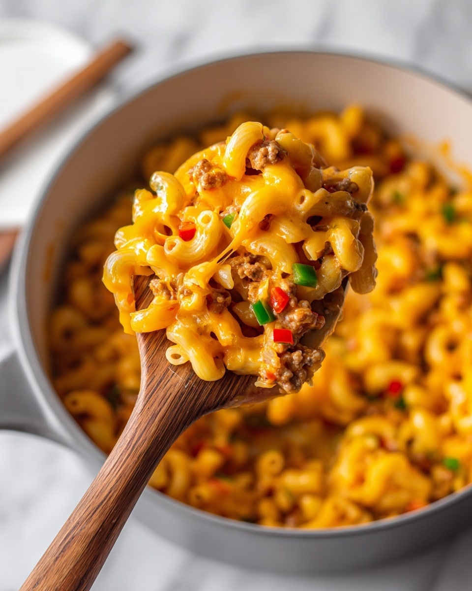 One Pot Slumgullion (American Goulash) Recipe 5 A white bowl filled with a macaroni dish showing three main layers: the bottom layer is light beige macaroni pasta with a soft texture; the middle layer has small pieces of cooked ground meat mixed with diced green bell peppers and bits of tomato sauce, adding a mix of brown, green, and red colors; the top layer is garnished with bright green chopped scallions scattered over the dish. The bowl sits on a white marbled surface with two dark spoons placed to the left and a white cloth with black stripes on the right. Photo taken with an iphone --ar 4:5 --v 7