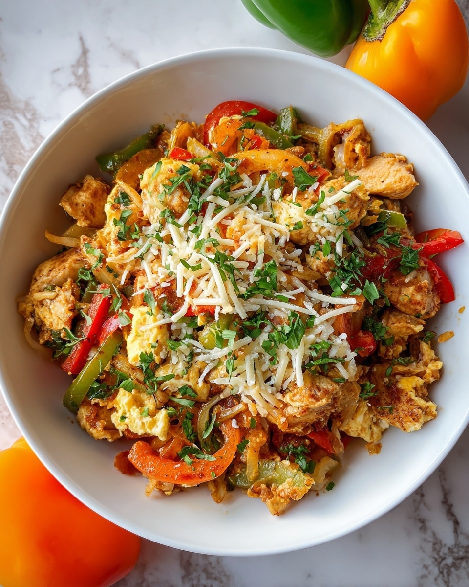 Creamy Chicken Fajita Bowl Recipe 6 A close-up of a white bowl filled with a colorful rice dish, showing three main layers: the base layer is light brown cooked rice mixed with small bits of tender, light brown chicken pieces; interspersed through the rice are thin red pepper slices and some green herbs. Top layer has thin rings of soft, cooked onions and a sprinkle of fine grated white cheese, adding texture and color contrast. A woman's hand is holding a spoonful above the bowl. The bowl sits on a white marbled surface with a bright orange bell pepper partially visible on the right side. photo taken with an iphone --ar 4:5 --v 7