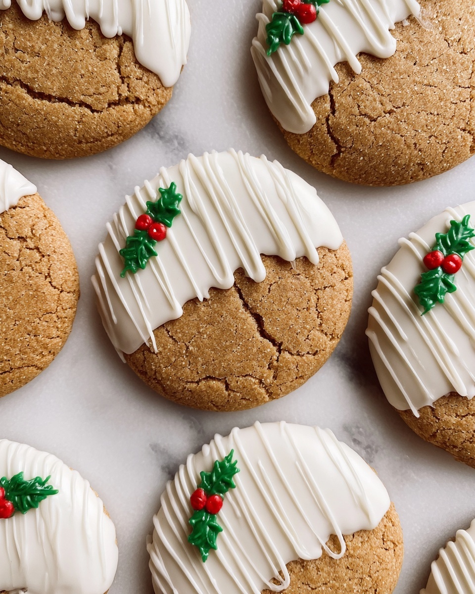 Chewy Maple Cinnamon Cookies with White Chocolate and Holly Berrie Decorations Recipe 6 The image shows several round cookies placed on a white marbled surface in a close-up view. Each cookie is mostly light brown with a cracked texture. The bottom half of each cookie is dipped in smooth white icing. On top of the icing, thin white icing lines are drizzled in a zigzag pattern across the dipped area. Each cookie is decorated with two small green holly leaves and three tiny red berries near the edge where the icing and cookie meet. The cookies are neatly spaced in a grid-like layout. photo taken with an iphone --ar 4:5 --v 7