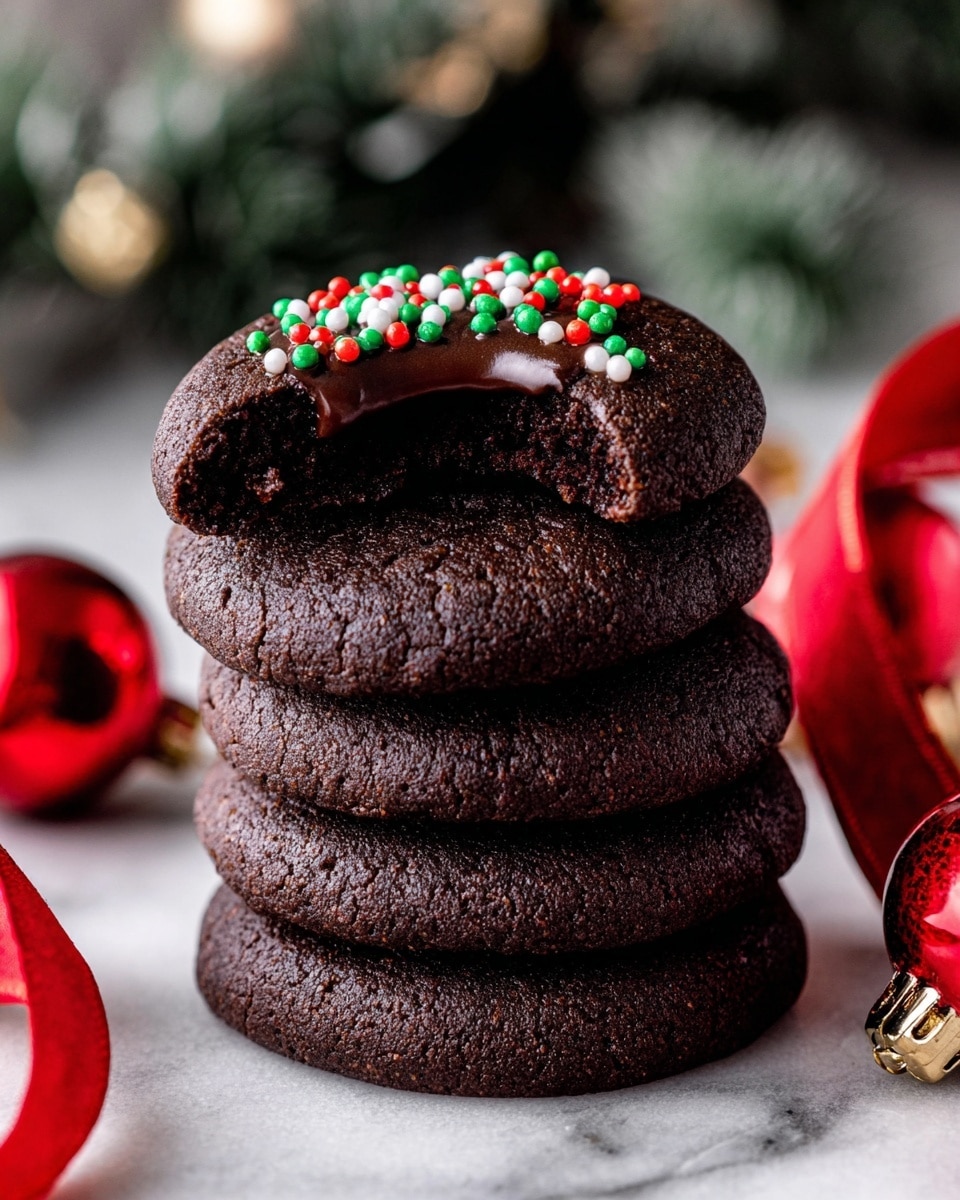 Chocolate Thumbprint Cookies with Ganache Filling Recipe 5 The image shows a group of round chocolate cookies arranged closely on a white wooden board. Each cookie has a thick dark brown base with a shiny, smooth layer of dark chocolate filling in the center. On top of the chocolate filling, there are small round sprinkles in red, green, white, and blue colors scattered evenly. Around the board, there is a small white plate with more cookies and a flower-shaped dish filled with the same colorful sprinkles. All items are placed on a wood surface with a red ribbon lying nearby. photo taken with an iphone --ar 4:5 --v 7