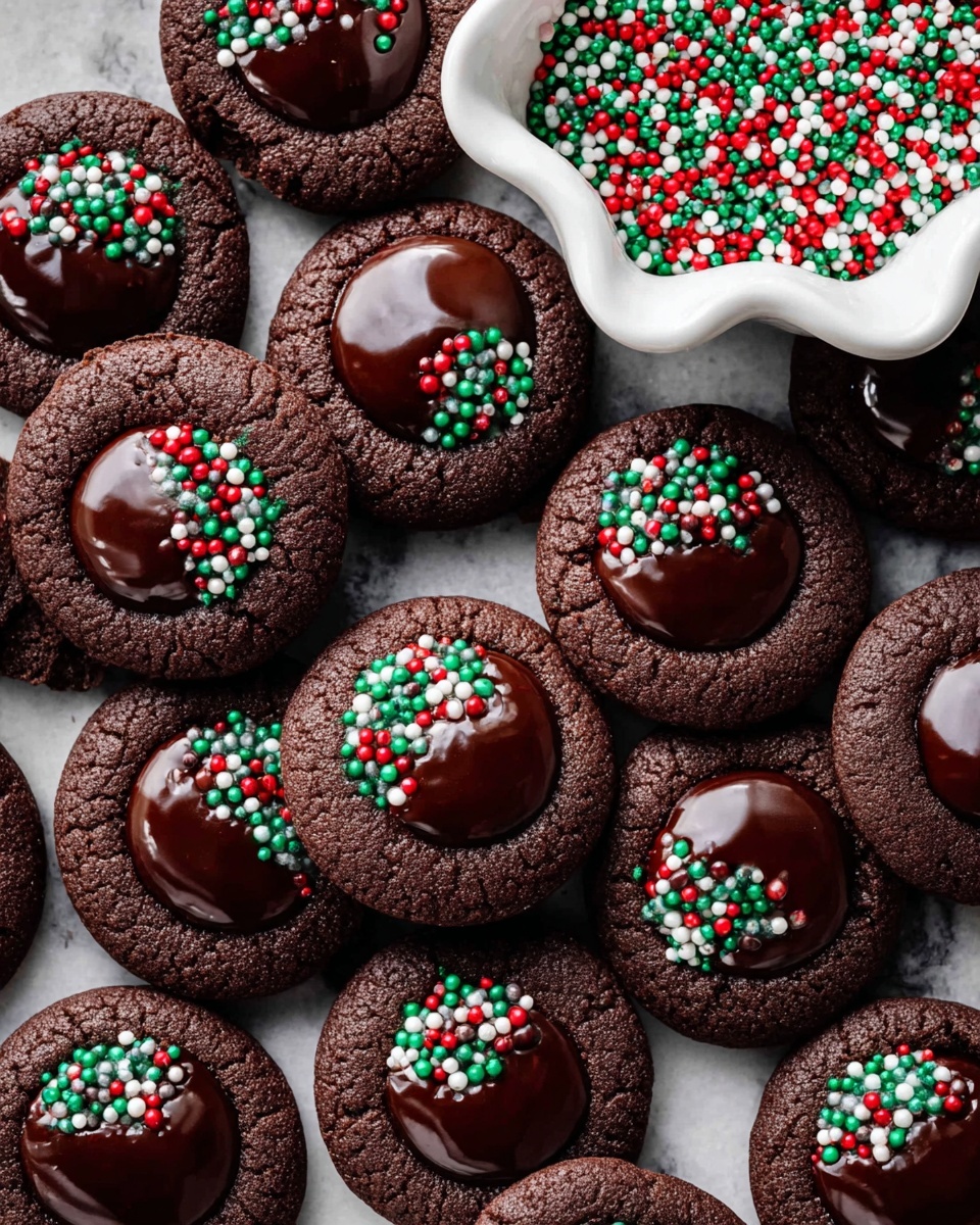 Chocolate Thumbprint Cookies with Ganache Filling Recipe 6 A stack of five thick, dark chocolate cookies sits on a white marbled surface. Each cookie is soft with a smooth texture. The top cookie has a bite taken out, revealing a glossy, dark chocolate center topped with small round sprinkles in red, green, white, and orange colors. Around the stack, there are red Christmas ornaments and a red ribbon adding a festive vibe. The lighting highlights the rich color and texture of the cookies with a blurred festive background. photo taken with an iphone --ar 4:5 --v 7