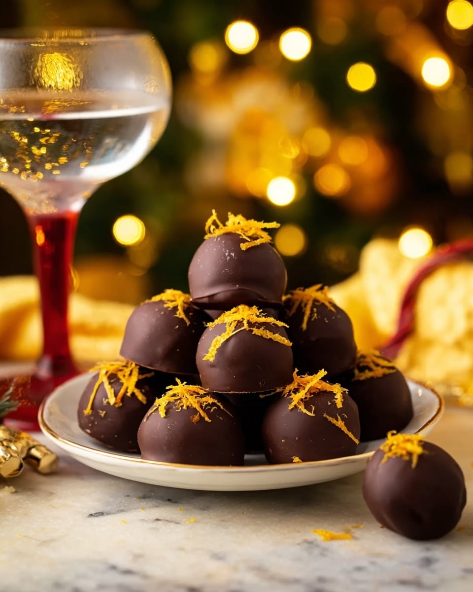 Christmas Chocolate Orange Truffles Recipe 6 A white plate holds a pyramid of round dark chocolate balls, each decorated with thin orange peel strips placed on top. The chocolate balls are smooth and shiny, stacked in three layers with a single chocolate ball resting on the white marbled surface near the plate. Behind the plate, there is a blurred background of warm yellow lights and Christmas decorations, adding a festive feeling. A clear glass with a red stem filled with water is positioned to the left side of the image. The photo taken with an iphone --ar 4:5 --v 7