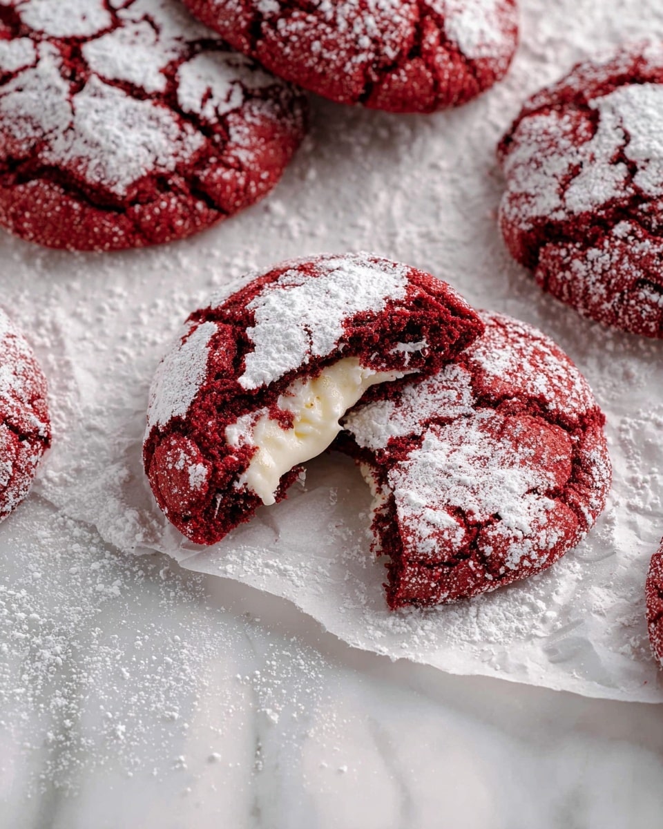 Cheesecake-Stuffed Red Velvet Cookies Recipe 5 The image shows several deep red cookies with cracked tops, dusted heavily with white powdered sugar. One cookie is broken in half, revealing a creamy white filling inside. The cookies rest on a piece of white parchment placed on a white marbled surface, with powdered sugar lightly scattered around the edges. The cracked texture of the cookies contrasts with the smoothness of the creamy filling and the soft powdered sugar dusting. photo taken with an iphone --ar 4:5 --v 7
