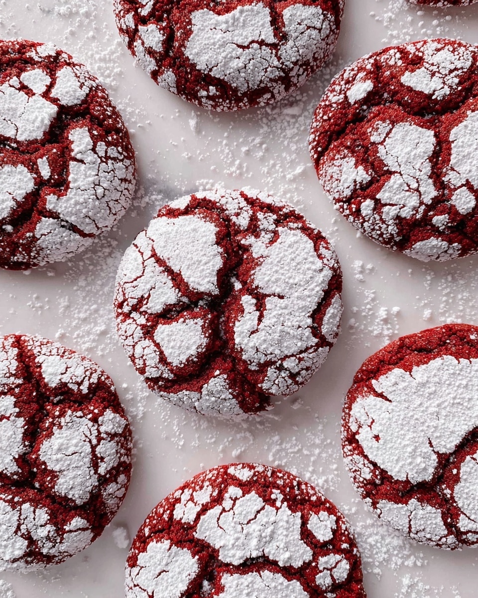 Cheesecake-Stuffed Red Velvet Cookies Recipe 6 The image shows round red velvet cookies covered in a cracked layer of white powdered sugar on top. Each cookie has a deep red color with cracks revealing the soft texture beneath, and the powdered sugar sits unevenly on the surface and in the cracks, giving a textured look. The cookies are scattered on a white marbled surface dusted with a thin layer of powdered sugar, creating a snowy effect around them. photo taken with an iphone --ar 4:5 --v 7