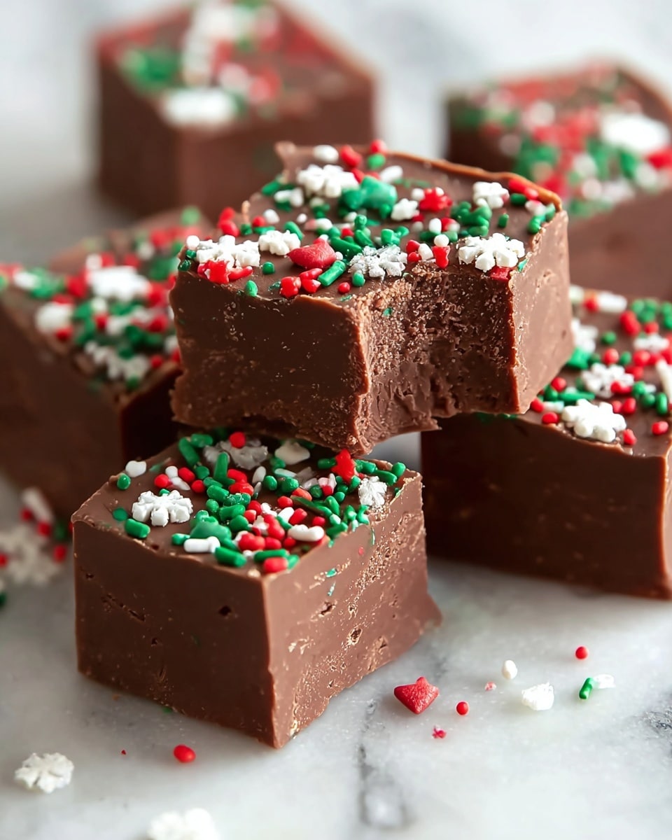 Christmas Fudge Recipe 5 The image shows several thick square pieces of chocolate fudge with a smooth yet slightly textured surface. Each square is decorated on top with small colorful sprinkles in red, green, white, and a few in the shape of white snowflakes, scattered unevenly. One square is placed on top of another, with a visible bite taken from the top piece, revealing a dense and rich inner texture. The fudge pieces are arranged on a white marbled surface, with some sprinkles lightly spread around them. The photo is taken close-up, showing clear details of the fudge's rich brown color and festive decorations. photo taken with an iphone --ar 4:5 --v 7