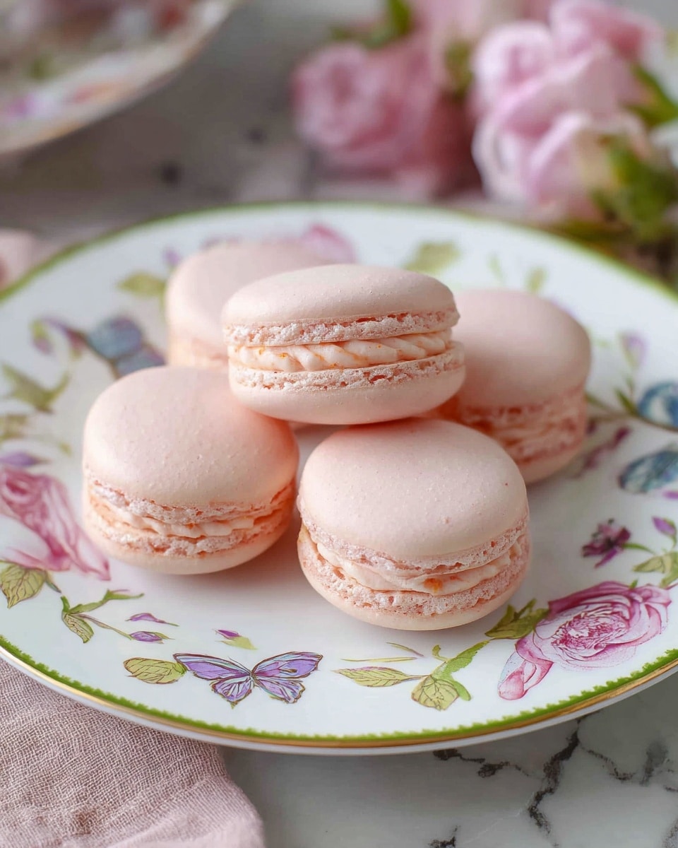Classic French Macarons with Vanilla Buttercream Filling Recipe 5 Four pale pink macarons sit on a white plate with colorful floral and butterfly designs around the edges and a thin green and gold border. Each macaron has two smooth, round shells with a soft, creamy pink filling visible in the middle layer. The surface beneath the plate is a white marbled texture, with blurred pink flowers and fabric visible in the background. Photo taken with an iphone --ar 4:5 --v 7