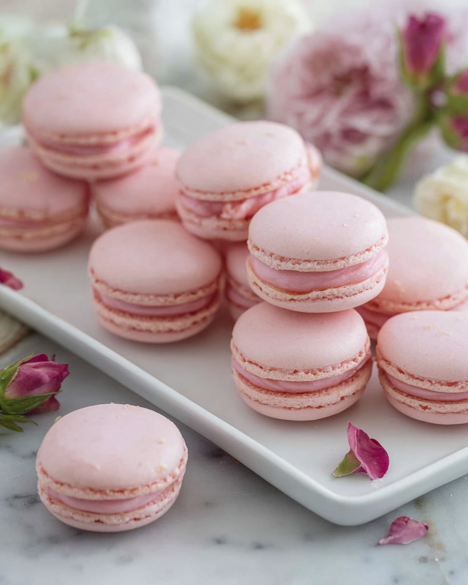 Classic French Macarons with Vanilla Buttercream Filling Recipe 6 A white rectangular plate holds about thirteen pink macarons. Each macaron has two smooth, round pale pink shells sandwiched with a slightly darker pink creamy filling. The shells have a delicate, slightly textured edge near the filling. One macaron sits alone on the white marbled surface in front of the plate. Around the plate, there are soft pink and white flowers, some in full bloom and some buds, adding a fresh and gentle touch to the setting. The lighting is soft and natural, highlighting the smoothness and pastel colors of the macarons photo taken with an iphone --ar 4:5 --v 7